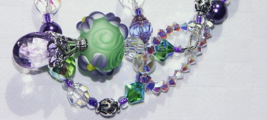 Green Lampwork Beaded, Pink Amethyst, and Multibead Loop Necklace