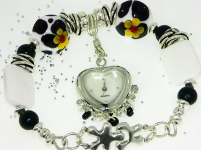 “MooTime” Lampwork Beaded Bangle Bracelet Watch