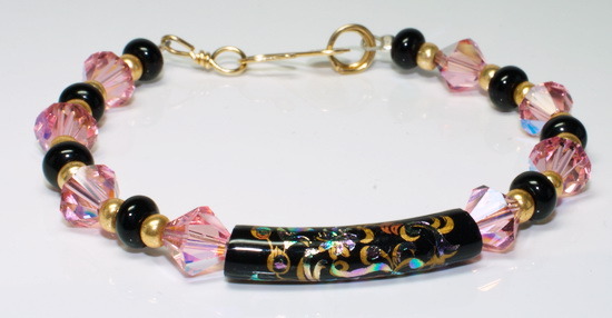 Tensha Curve Tube Bead Focal, Swarovski Crystal, & Onyx Bracelet with Gold-Filled Wire Clasp