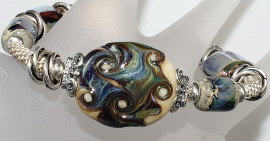 River's Swirls~ Chunky Lampwork Bead Bangle Bracelet with Silver