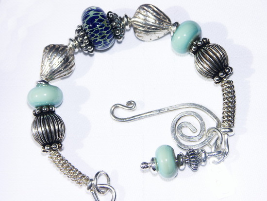 SeaShells By the SeaShore Bangle Bracelet ~ Chunky Sterling Silver and Lampwork Bead