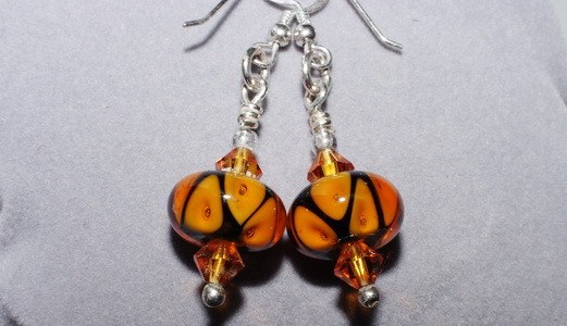 Amber Glow Lampwork Glass Beaded Earrings with Swarovski Crystals 