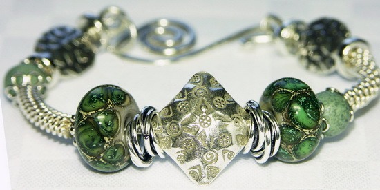 Chunky Bangle Bracelet Thai Silver Focal with Green Lampwork Bead Bangle Bracelet