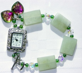 Jade Tile Gemstone Watch Bracelet with Century Brand SS Plated Face 