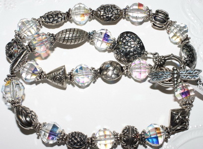 Chunky Bali & Thai Silver beaded necklace with vintage Swarovski Crystals 