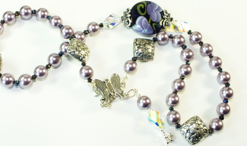 Iolite & Violets Lampwork Beaded Necklace, Bracelet, and Earring Set