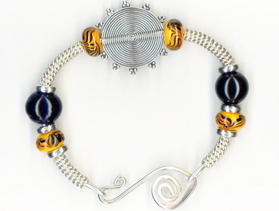 Bangle Bracelet with Yellow & Black Lampwork Glass Beads