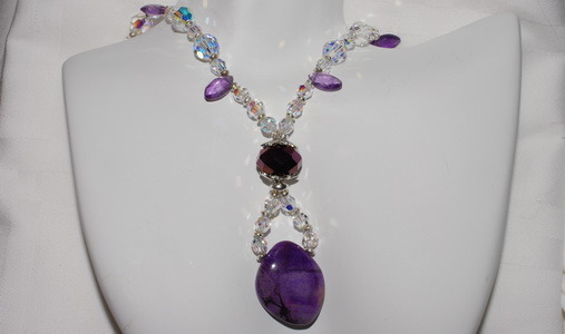 Sugilite and Amethyst Necklace with Swarovski Crystals, and Fancy Clasp