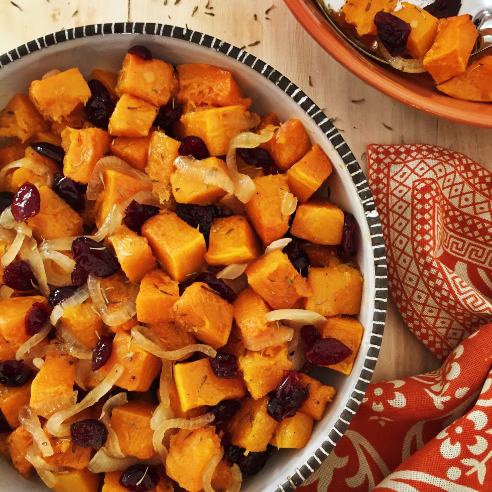 Paleo Roast Pumpkin with Caramelised Onion and Cranberries
