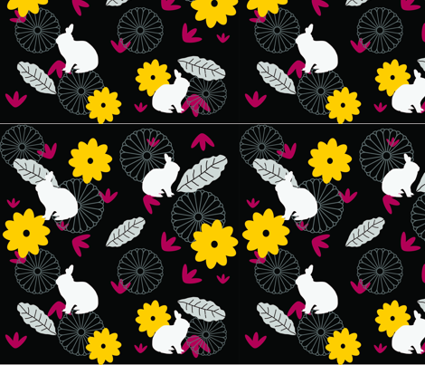 Rabbit Flowers Leaves Black fabric by lumeha on Spoonflower - custom fabric