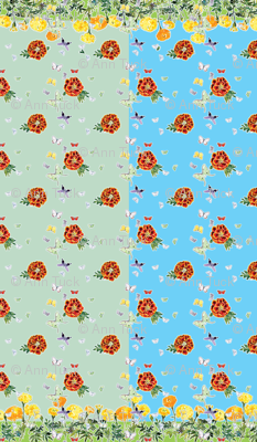 Moths and Marigolds 2 silk scarves. Cyan and Pale Aqua Blue