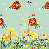 Moths and Marigolds 2 silk scarves. Cyan and Pale Aqua Blue