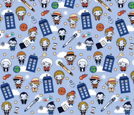 (Large) Eleven Traveling Doctors and Blue Phone Boxes fabric by greencouchstudio on Spoonflower - custom fabric