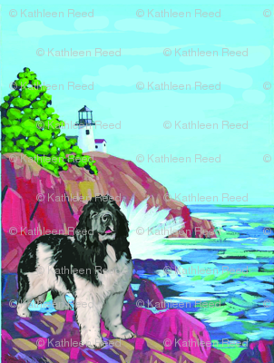 Newf With Lighthouse Curtain Panel Right Facing