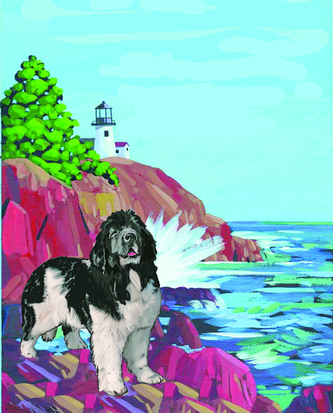 Newf With Lighthouse Curtain Panel Right Facing fabric by dogdaze_ on Spoonflower - custom fabric