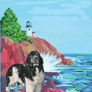 Newf With Lighthouse Curtain Panel Right Facing