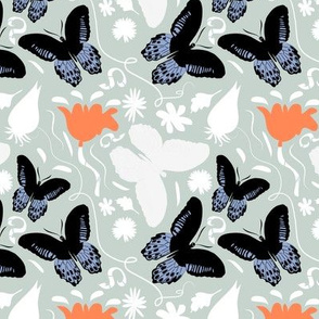 White butterfly, blue butterfly with coral poppy