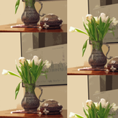 Still LIfe with Tulips in Afghani Metal Pitcher and Djibouti Straw Basket with Cowrie Shells