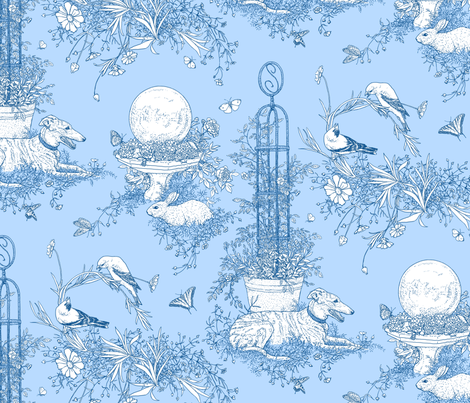 My Garden Toile Main Large Blue ©2011 by Jane Walker fabric by artbyjanewalker on Spoonflower - custom fabric