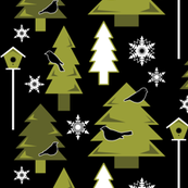 Winter Birds in Night-time Forest (Green)