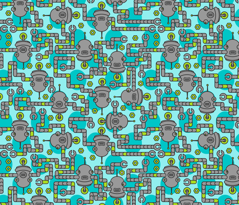Robots on Pool Blue fabric by thirdhalfstudios on Spoonflower - custom fabric