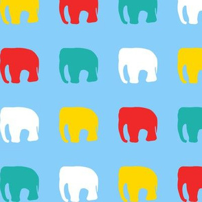 Multicoloured elephants on blue