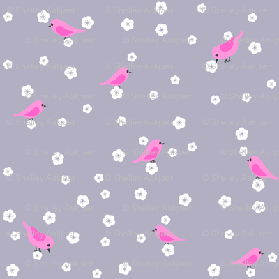Bluebirds and Blossoms - Pink on Purple