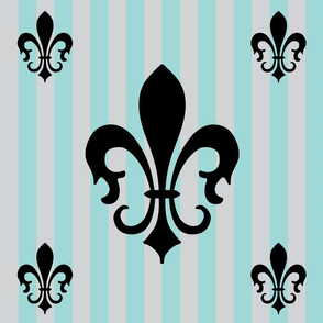 Fleur de Lis Stripe Blue Stripe on Gray