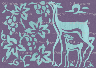 Wooden tjaps grapes & deer - closer -  seafoam on textured lavender 