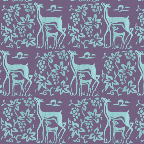 Wooden tjaps grapes & deer - closer -  seafoam on textured lavender  fabric by mina on Spoonflower - custom fabric