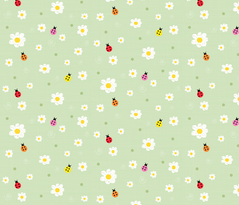 Daisies & Colorful Ladybugs On Green Background