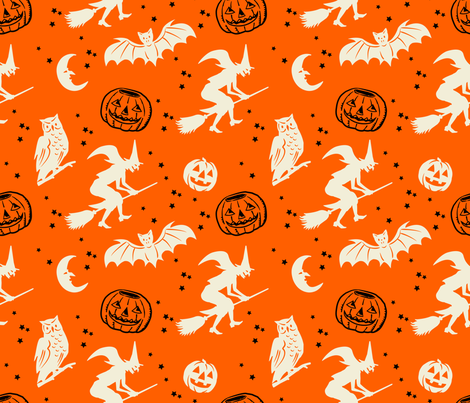 Bats and Jacks ~ Black and Cream on Orange fabric by retrorudolphs on Spoonflower - custom fabric
