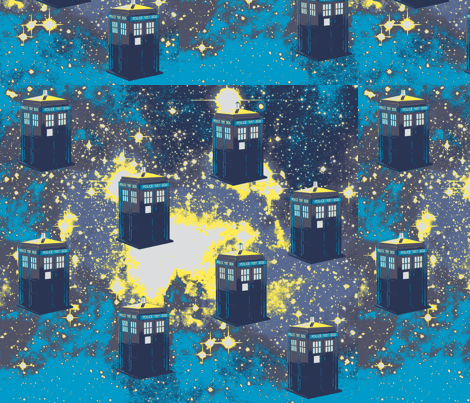 Tardis in Starry Space, aqua, yellow