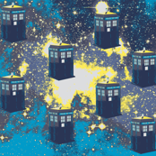 Tardis in Starry Space, aqua, yellow