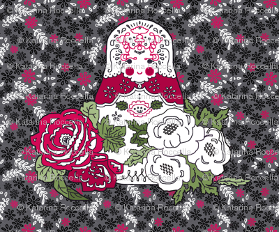 Babushka doll with roses embroidery template