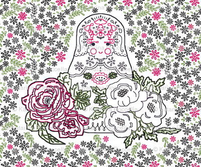 Babushka doll with roses embroidery template