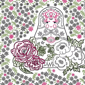 Babushka doll with roses embroidery template