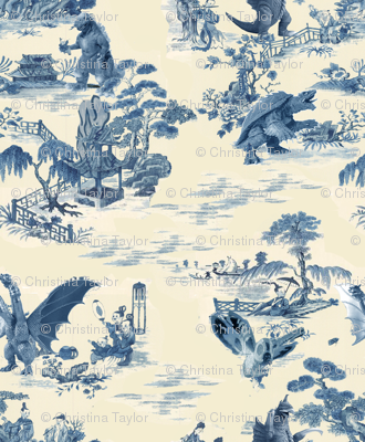 Godzilla and friends toile (blue)