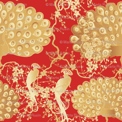 golden peacock on red