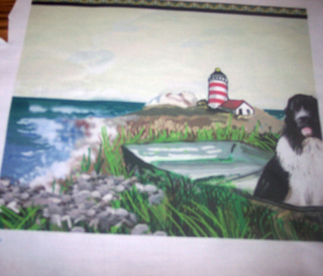 Three newfs and lighthouse seascape fabric and wallpaper