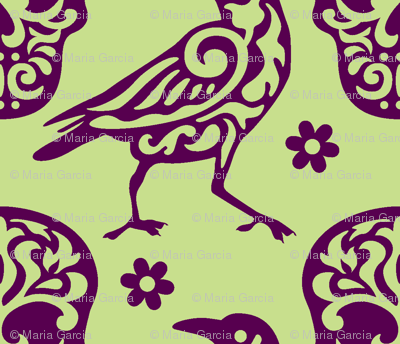 Skull Raven Flower Damask green