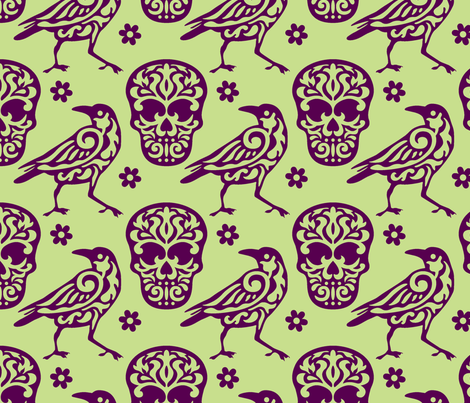 Skull Raven Flower Damask green fabric by mariafaithgarcia on Spoonflower - custom fabric