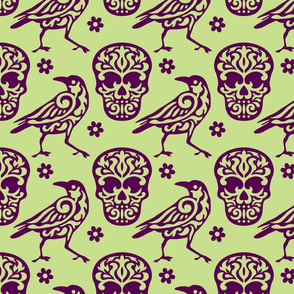 Skull Raven Flower Damask green