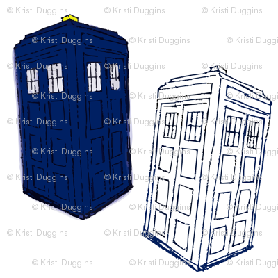 Blue and White Sketched Doctor Who Inspired Police Boxes