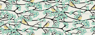 Bluetits and Blossoms Teal and Mustard