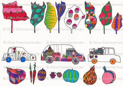 cars, trees, fruits