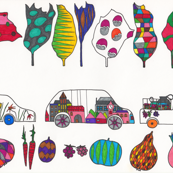 cars, trees, fruits