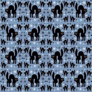 Retro Style Black Cats with Starbursts & Dusty Blueberry Background