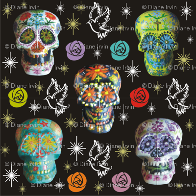 Colorful Sugar Skulls with Starbursts, Doves & Roses