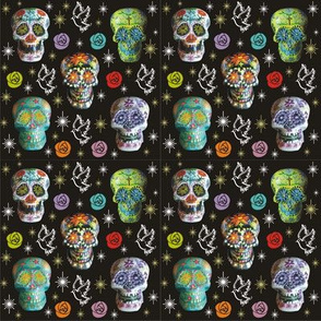 Colorful Sugar Skulls with Starbursts, Doves & Roses